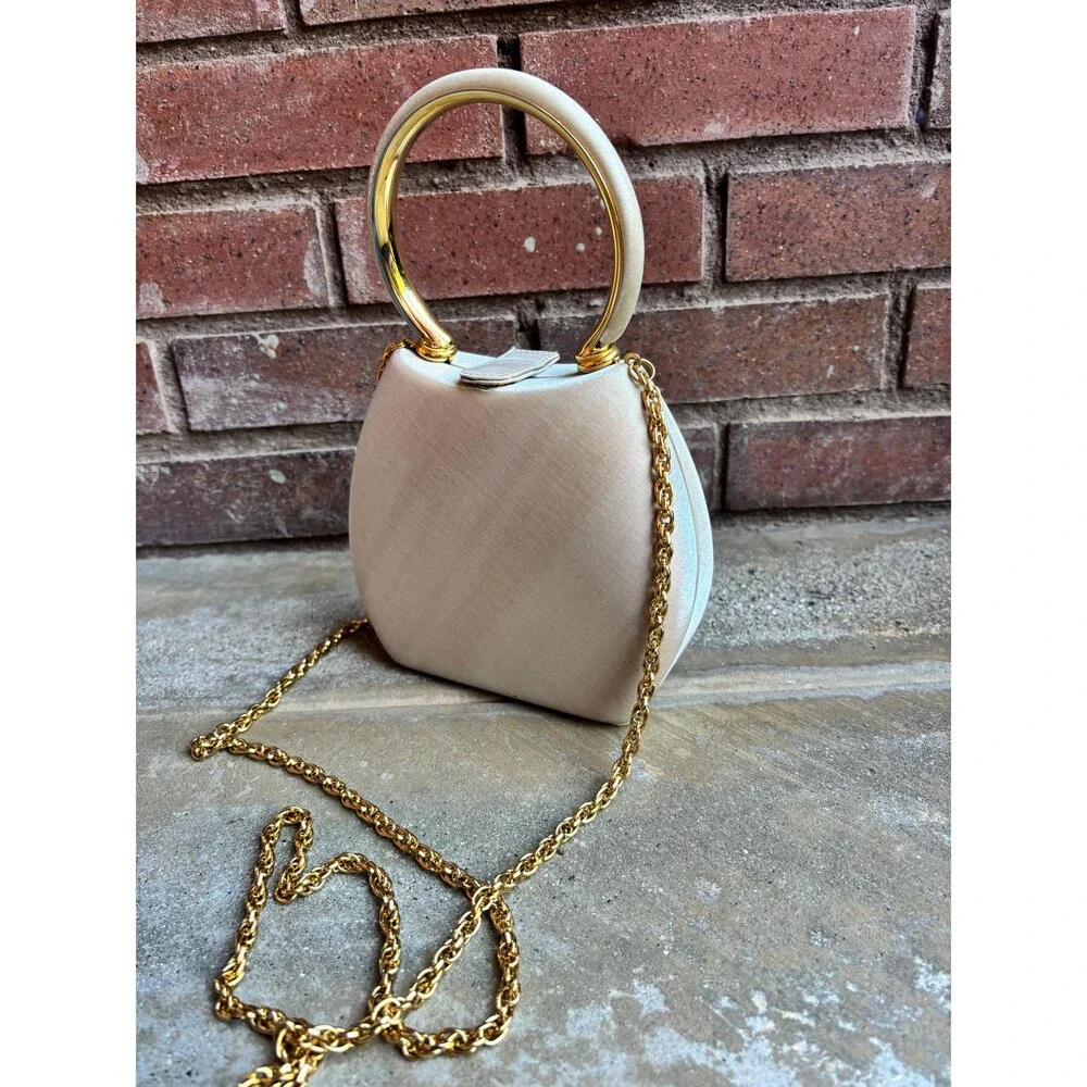 Beige, Rodo Italy Satin Evening Bag with Gold Metal Accents